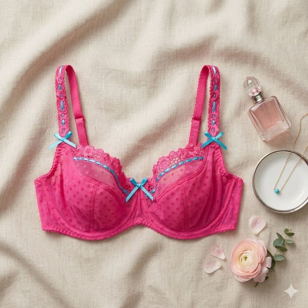 Curvy Kate Pink Polka Dot Lace Bra 36DD Sheer Lace Underwire